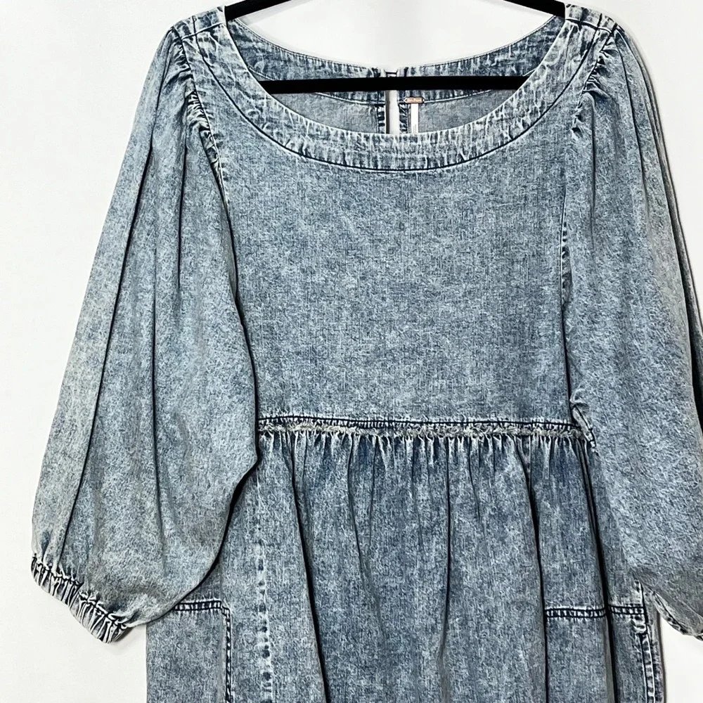 Free People Acid Wash Denim Babydoll Mini Dress Blue Balloon Sleeve Large